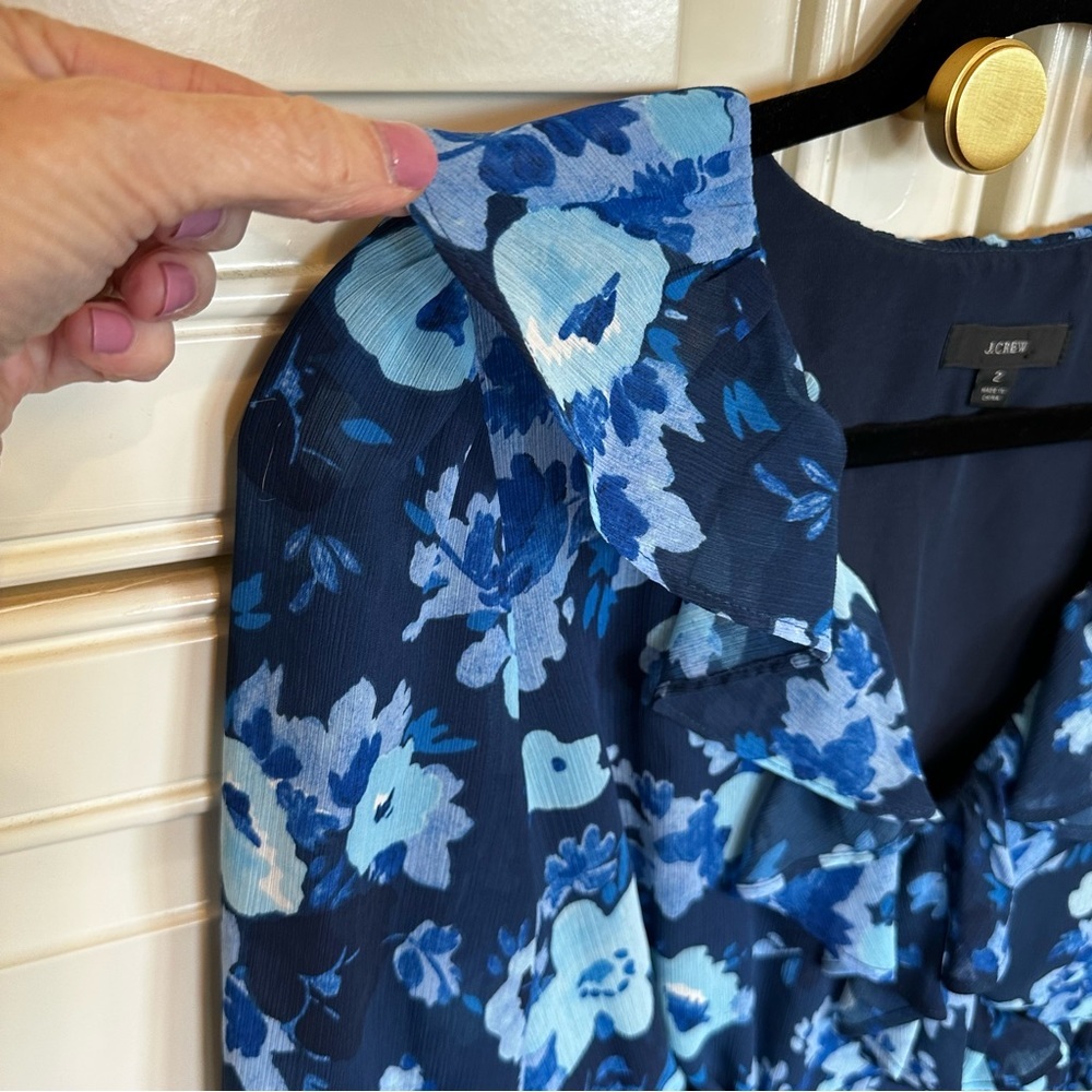 J.Crew Women’s Long Sleeve Ruffle Blue Midi Faux Wrap Dress Floral Watercolor 2 - Picture 6 of 9
